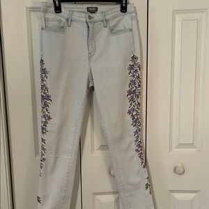 Martha Stewart Light Blue Jeans with Purple Floral Embroidery.  28” inseam.